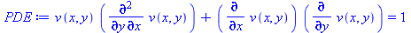 `+`(`*`(v(x, y), `*`(diff(diff(v(x, y), x), y))), `*`(diff(v(x, y), x), `*`(diff(v(x, y), y)))) = 1