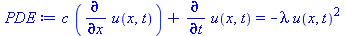`+`(`*`(c, `*`(diff(u(x, t), x))), diff(u(x, t), t)) = `+`(`-`(`*`(lambda, `*`(`^`(u(x, t), 2)))))