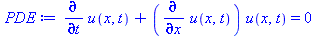 `+`(diff(u(x, t), t), `*`(diff(u(x, t), x), `*`(u(x, t)))) = 0
